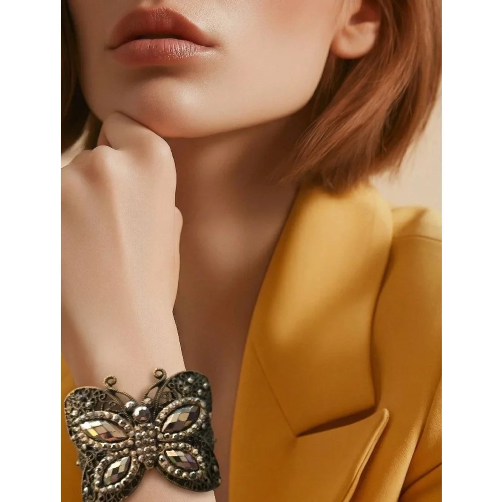 Women's Vintage Whimsigoth Bronze Black Butterfly Rhinestone Hinge Cuff Bracelet